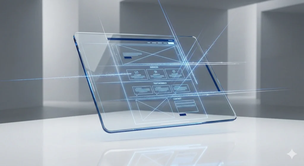 A technical 3D render of a translucent glass tablet floating in a minimalist white studio, displaying a glowing blue website wireframe being constructed by precise laser lines to represent professional website development.