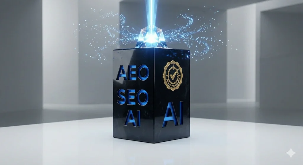 A high-end 3D render of an "AEO Authority Core," featuring a massive, polished black monolith with "AEO, SEO, and AI" deeply engraved in glowing blue letters. A gold "Seal of Provenance" is embedded on the side to symbolize tested and true experience, while a glowing crystal prism at the top focuses blue data points into a single "Perfect Answer" beam in a minimalist grey studio.